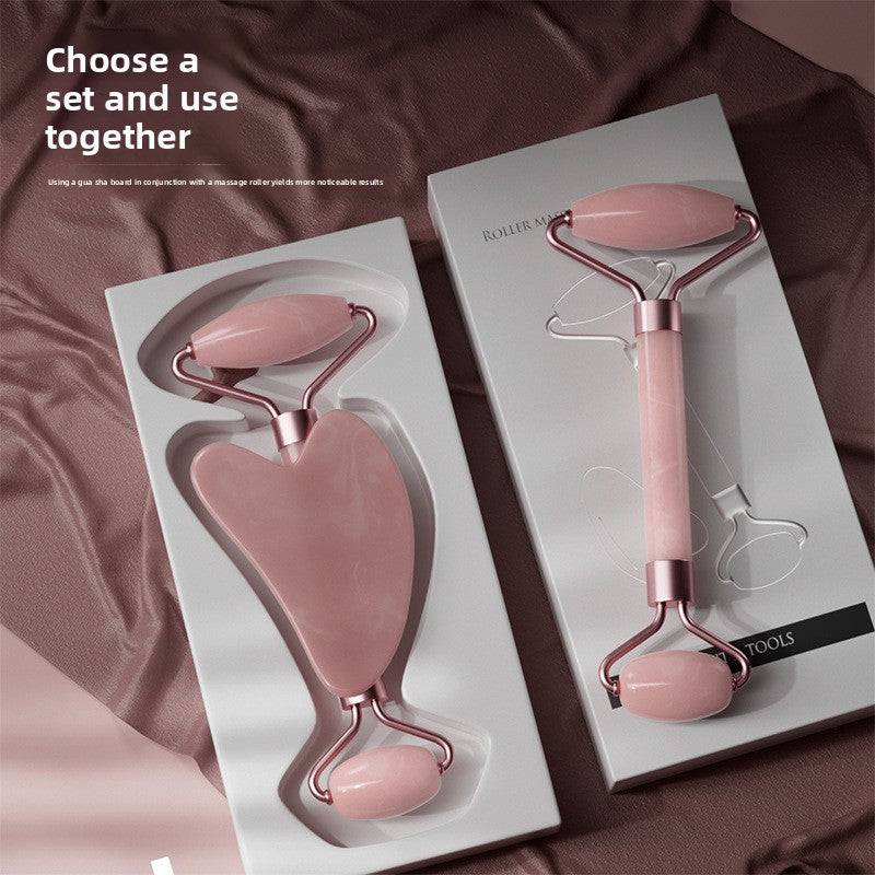 Rose Quartz Facial Roller and Gua Sha Glow Set