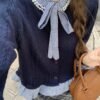 Navy Pearl Collar Uni Knitted Long Sleeve Top