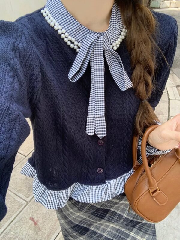 Navy Pearl Collar Uni Knitted Long Sleeve Top