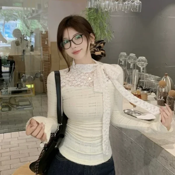 Ribbon Collar Long Sleeve Top